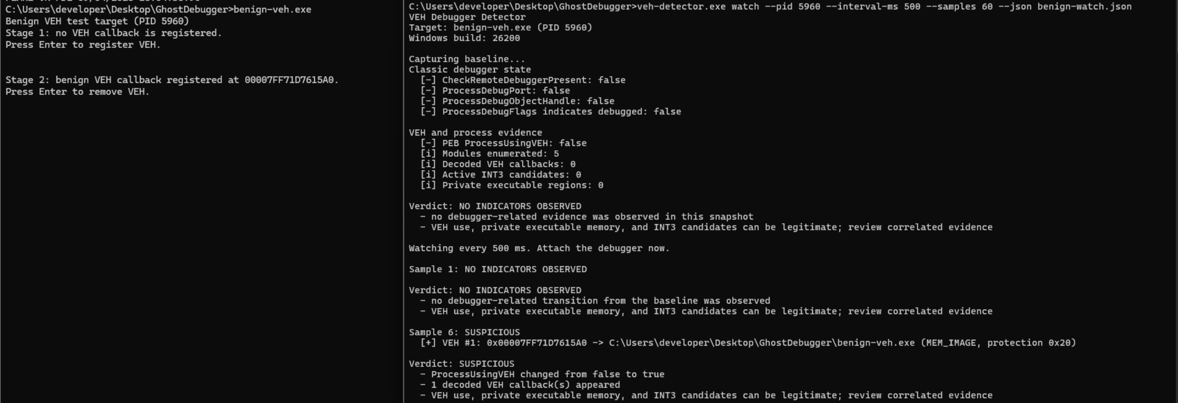 Watch mode observing a benign executable register one vectored exception handler after a clean baseline