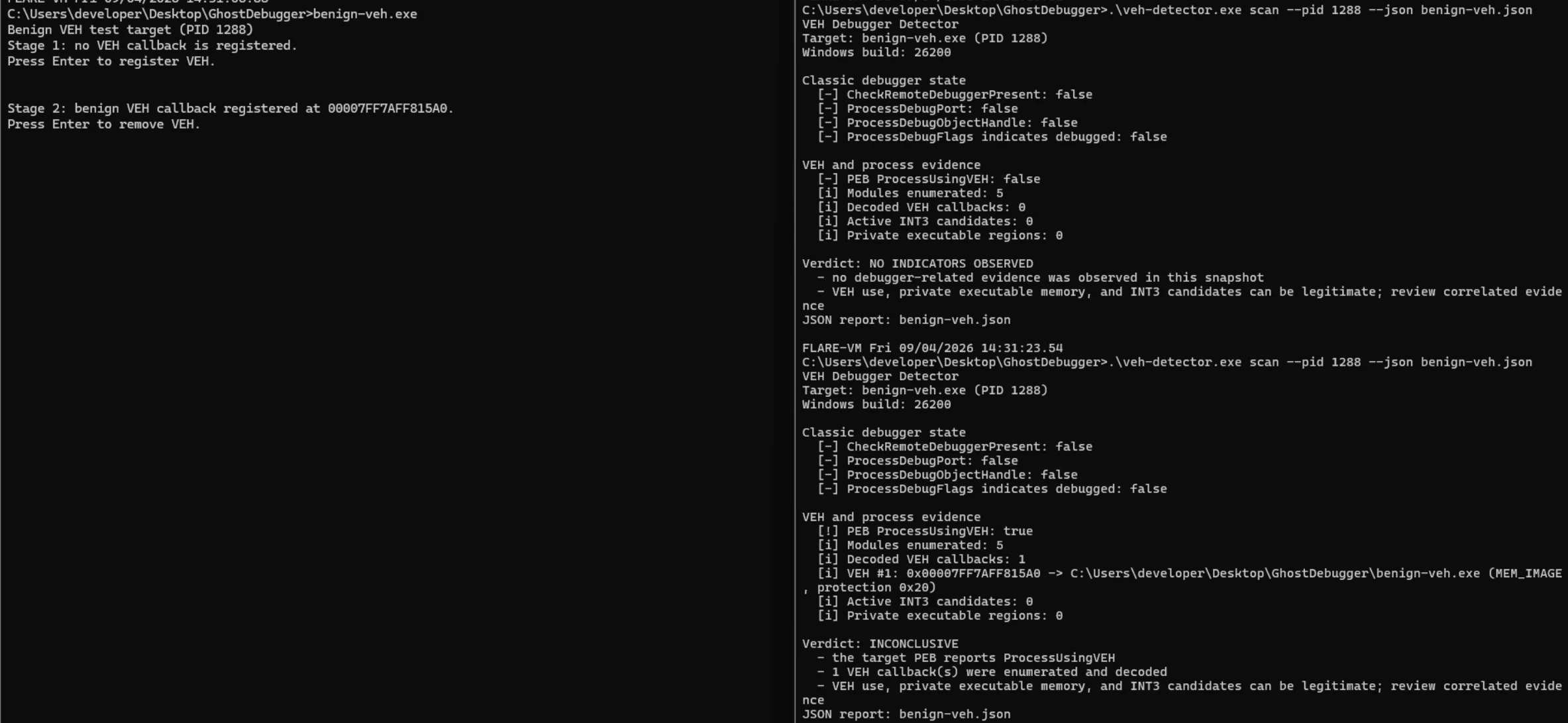 Detector results before and after a benign executable registers one vectored exception handler