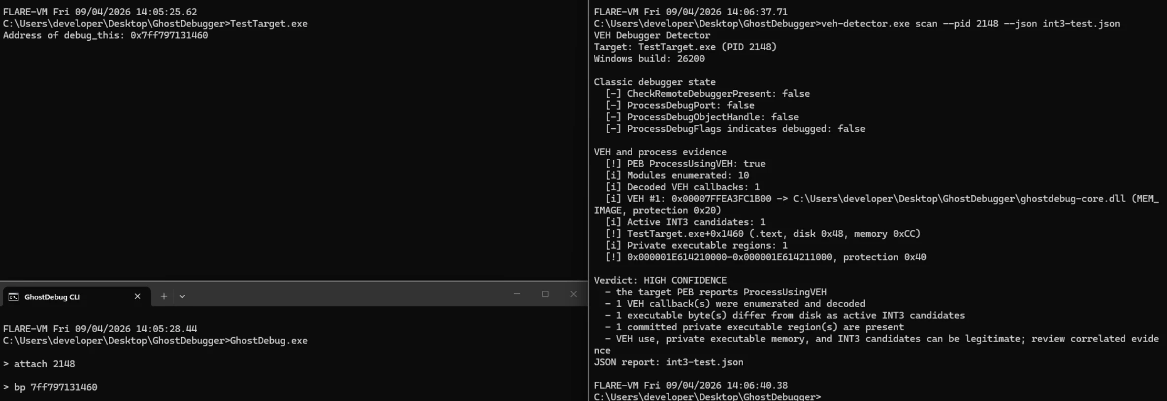 TestTarget, GhostDebug, and the detector showing an armed INT3 breakpoint at TestTarget.exe plus RVA 0x1460