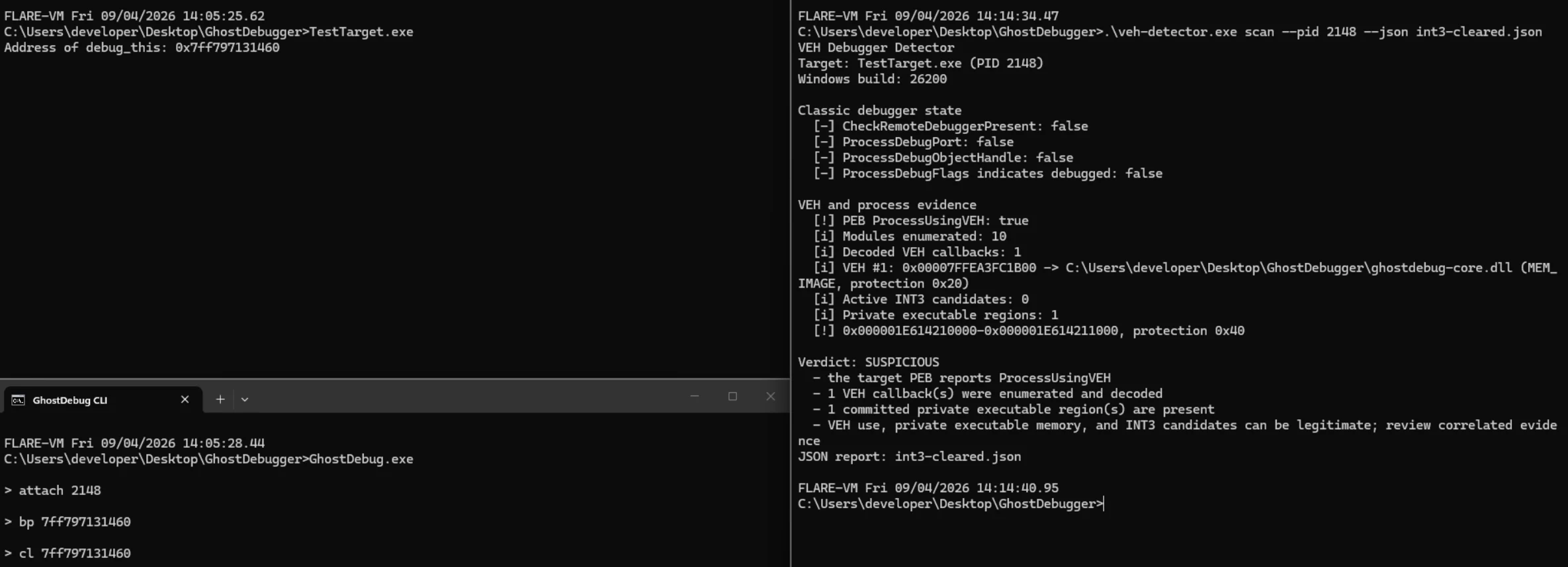 GhostDebug clearing the breakpoint and the detector reporting zero active INT3 candidates