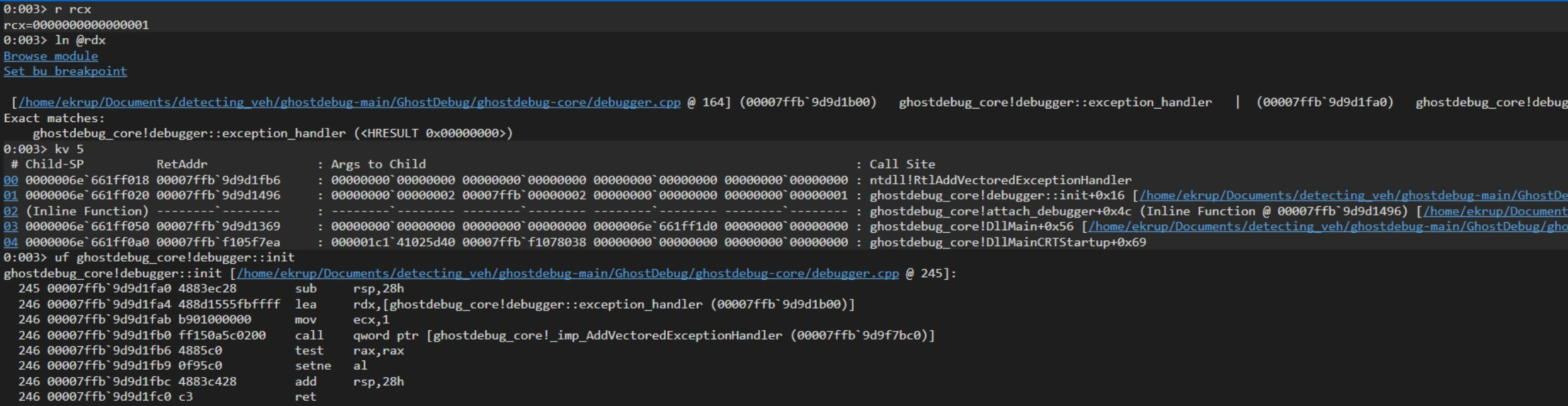 WinDbg showing GhostDebug registering its vectored exception handler