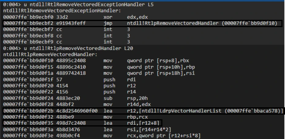 WinDbg disassembly showing the jump to RtlpRemoveVectoredHandler and its reference to LdrpVectorHandlerList